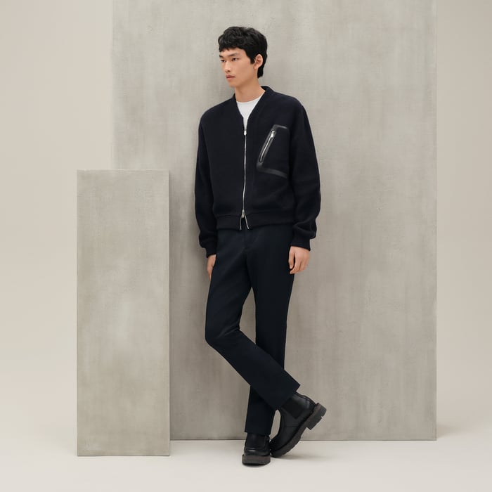 Marine Zipped Varsity Cardigan With Leather Detail
