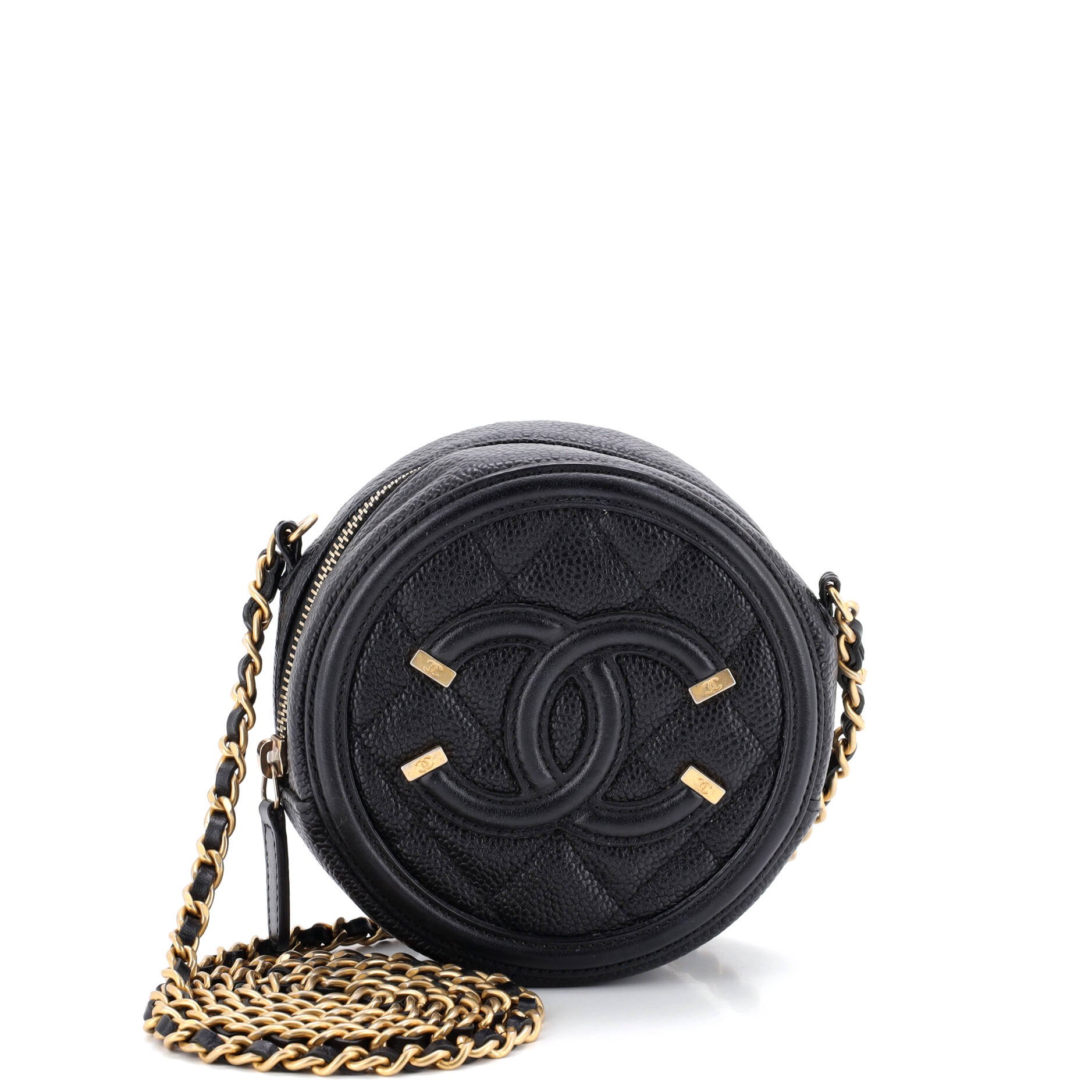 Filigree Round Clutch with Chain Quilted Caviar Mini