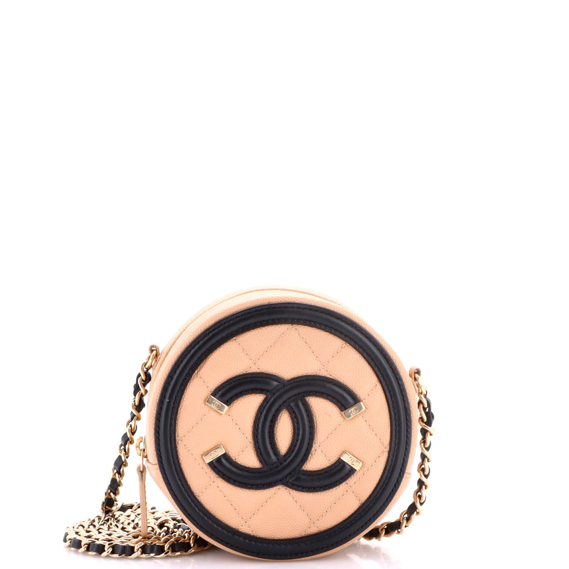 Filigree Round Clutch with Chain Quilted Caviar Mini