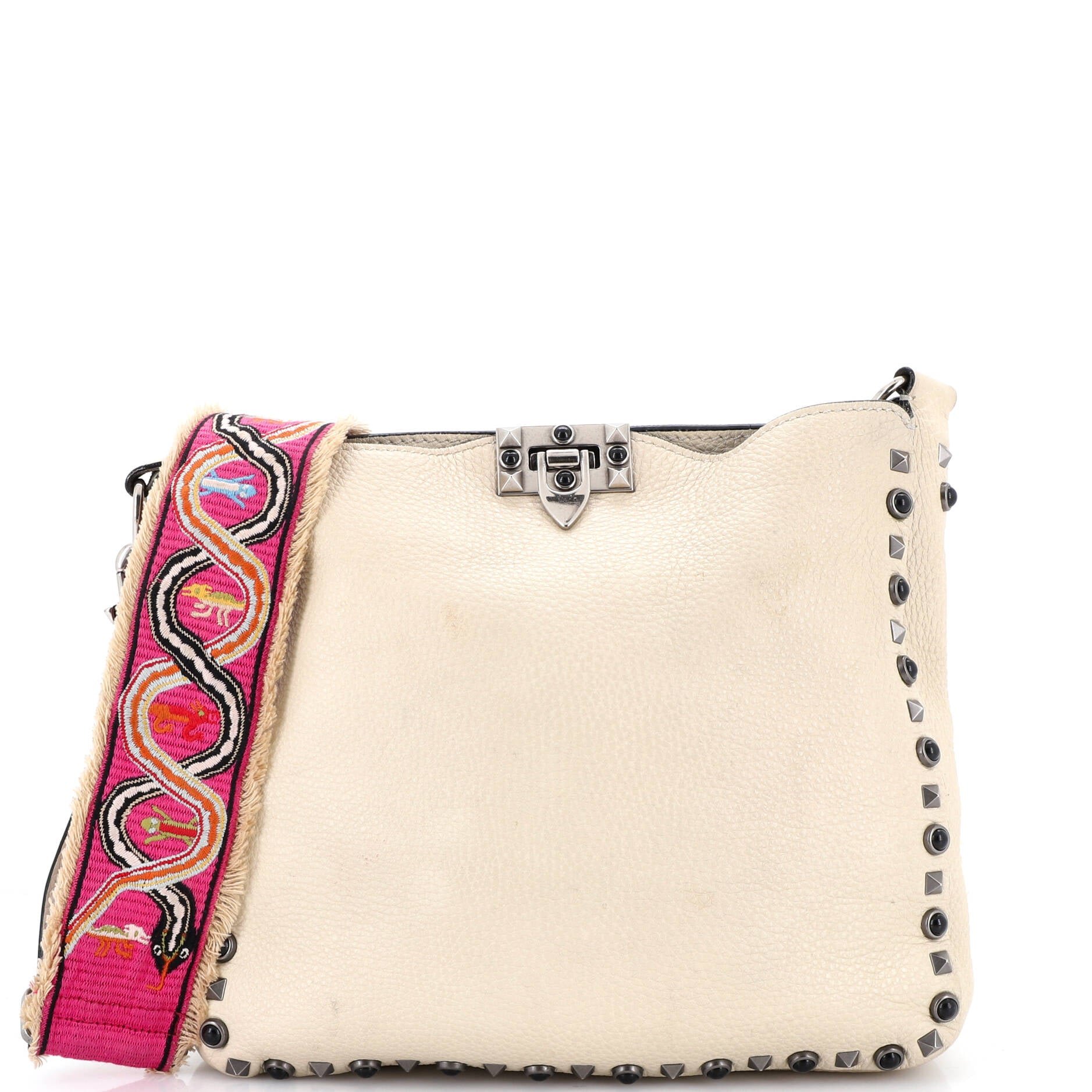 Rolling Rockstud Flip Lock Messenger Bag Leather with Cabochons Medium