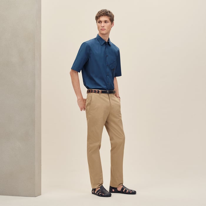 Indigo Short-sleeve Straight Cut Shirt With Leather Detail