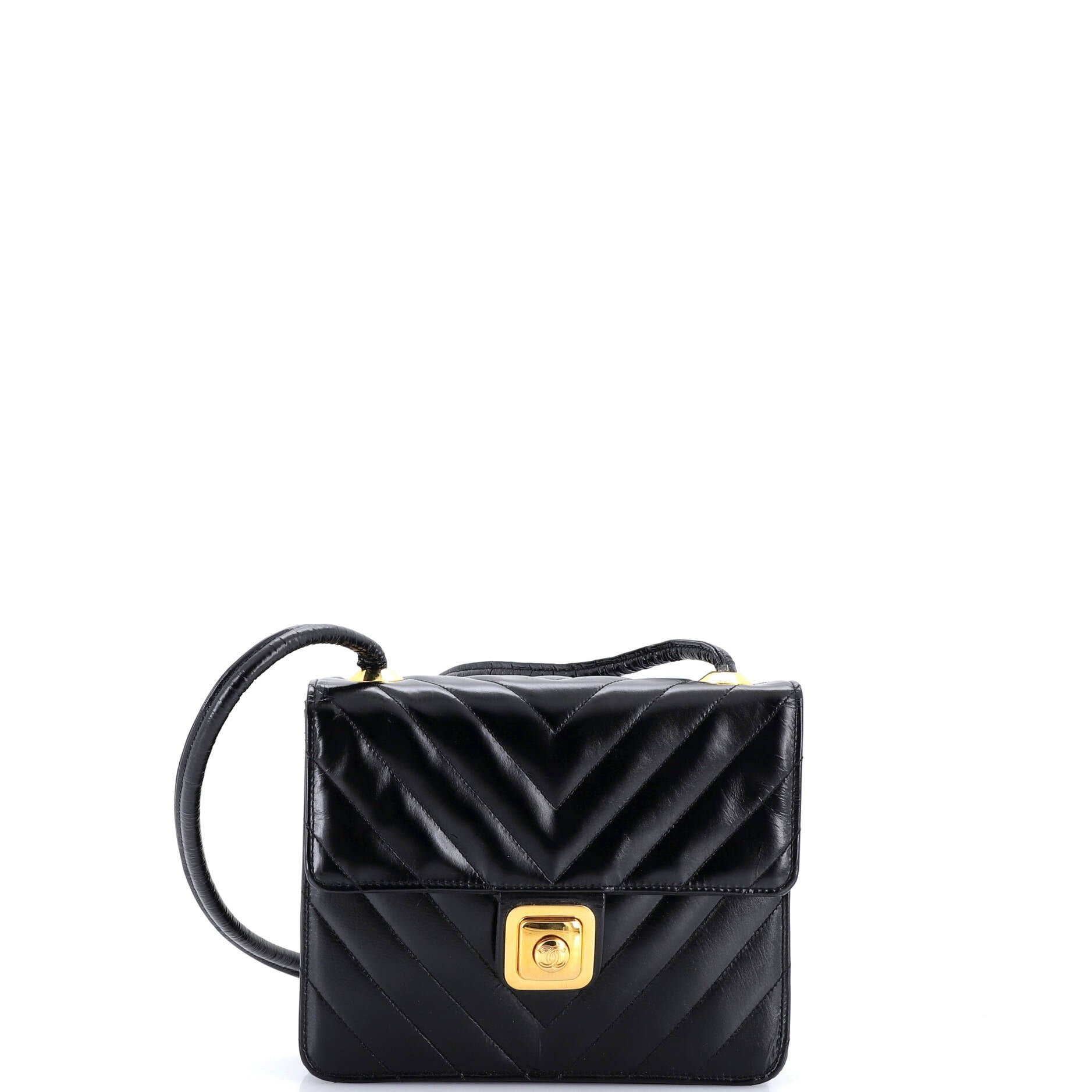Vintage Push Lock Flap Bag Chevron Lambskin Small