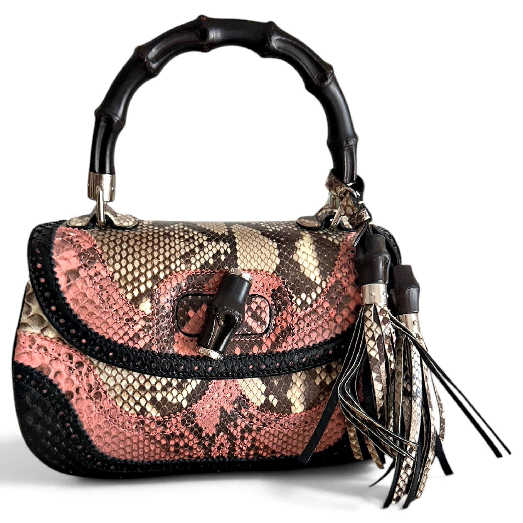 Convertible Pompon Bamboo Top Handle leather handbag