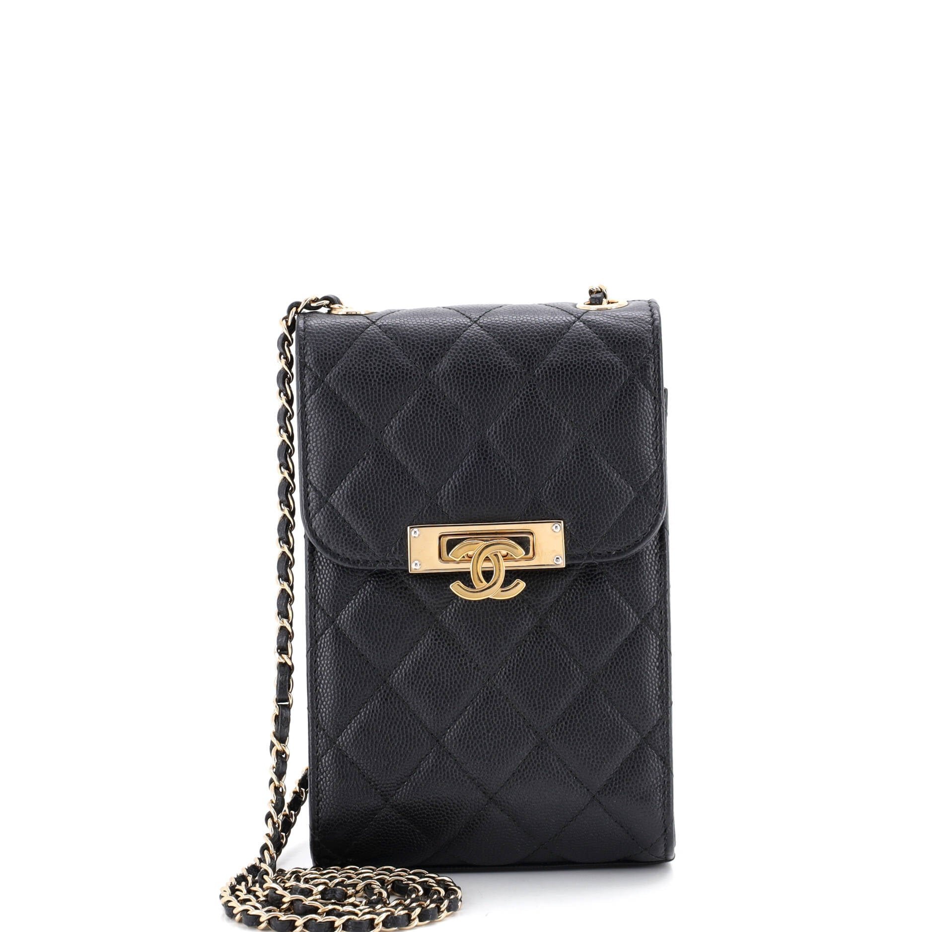 Golden Class Phone Holder Crossbody Bag Quilted Caviar