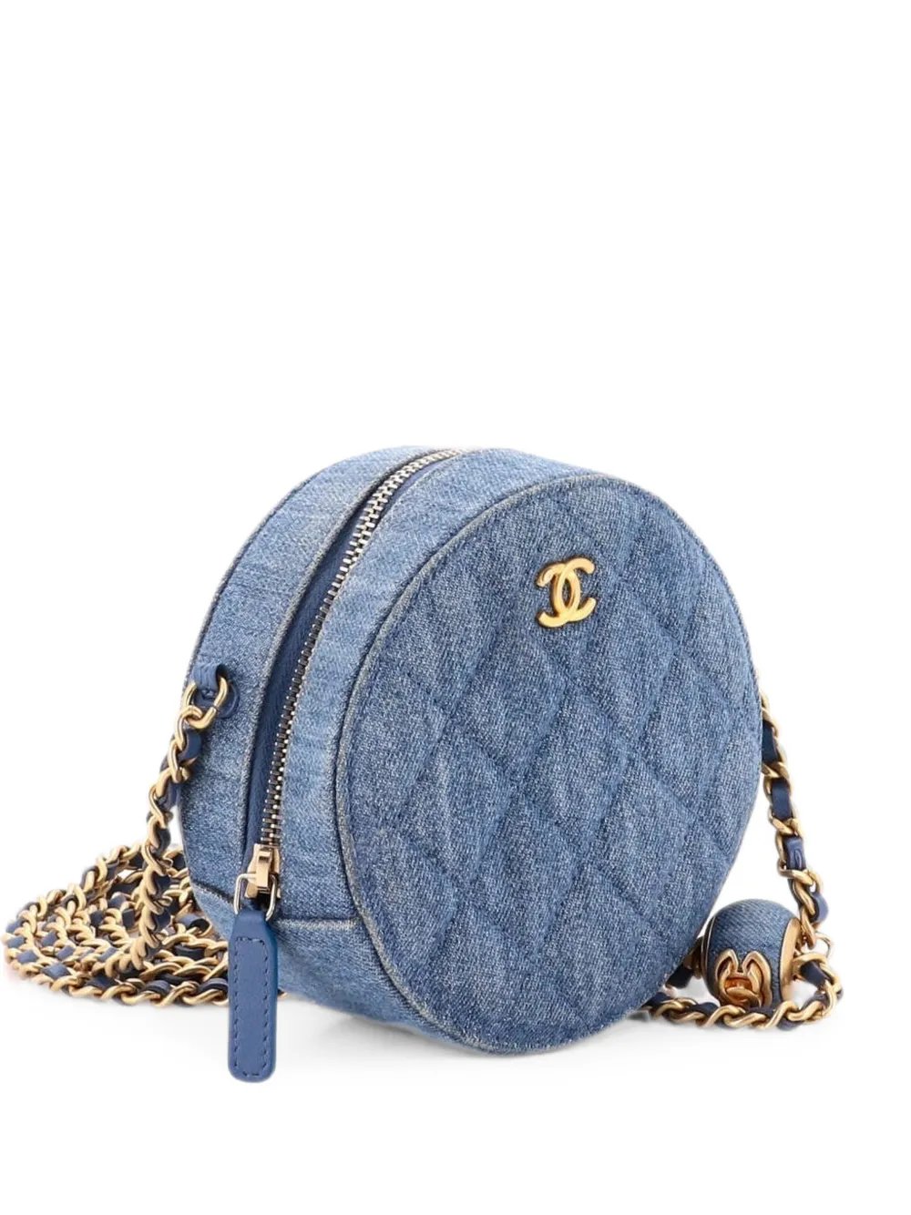 Pearl Crush Round Clutch with Chain Quilted Denim shoulder bag