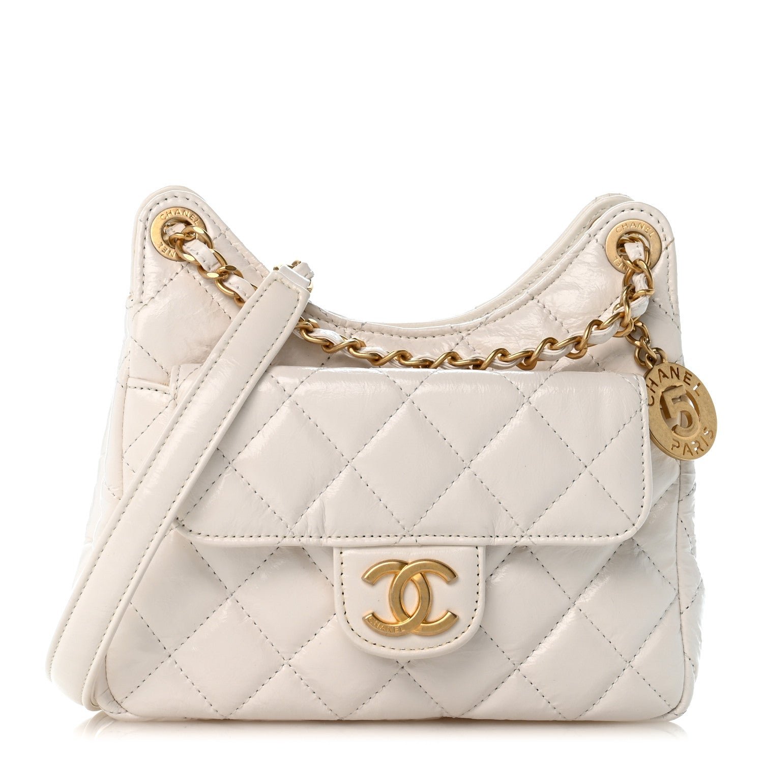 Chanel Shiny Crumpled Calfskin Quilted Small Wavy CC Hobo White