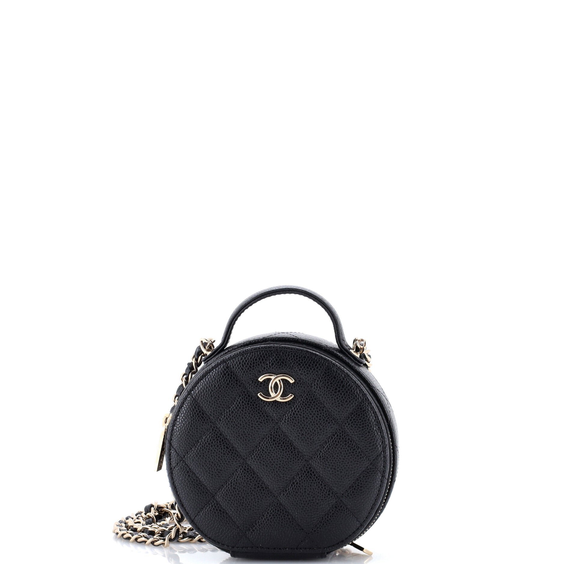Handle with Care Round Vanity Case with Chain Quilted Caviar Small