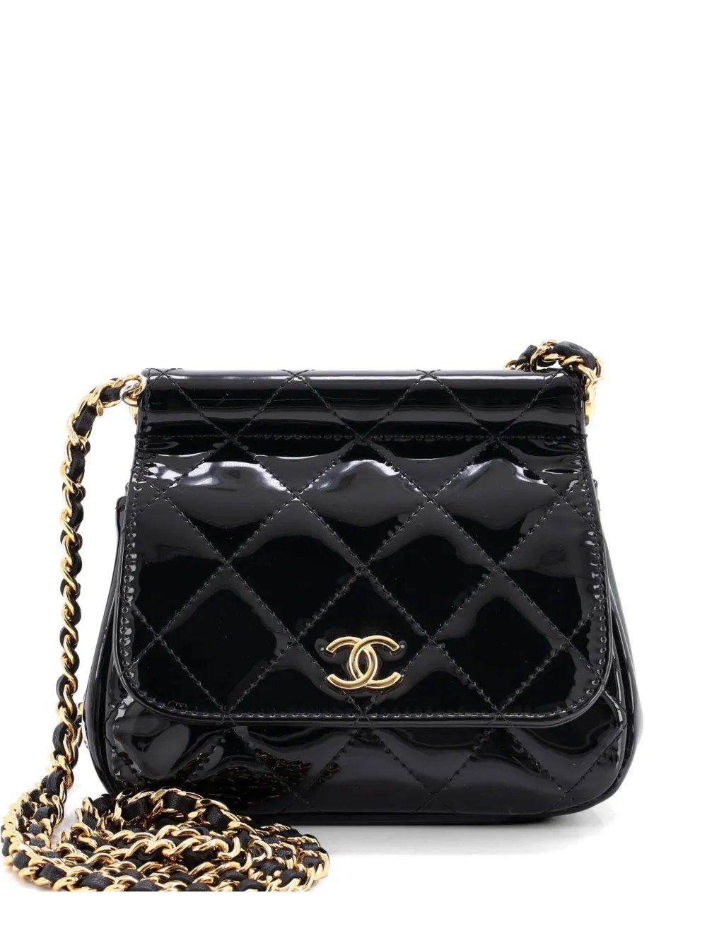 CC Frame Flap with Chain Quilted Patent clutch bag