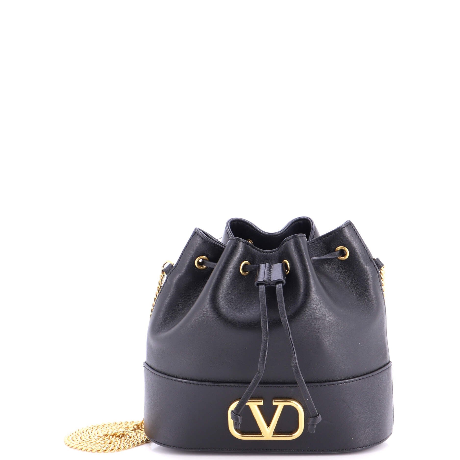 VLogo Drawstring Bucket Pouch Leather
