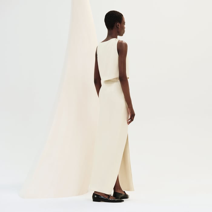 Blanc Sel Draped Embroidered Long Dress