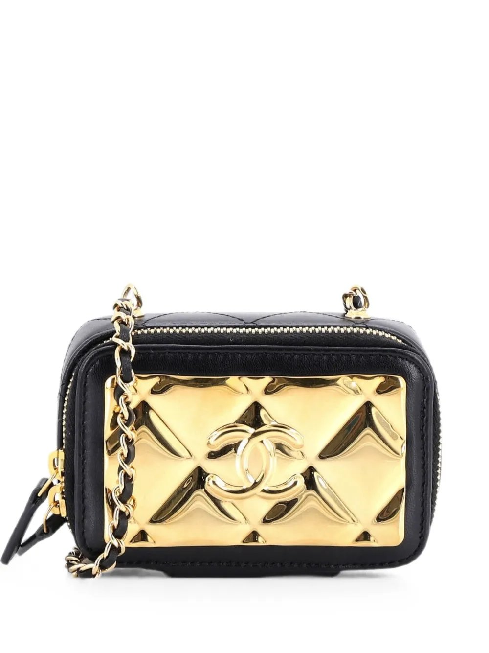Golden Plate Zip Around Vanity Case with Chain Quilted Metal and Lambskin Extra Mini clutch bag