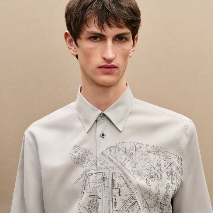 Gris "Broderie Cheval" Straight Cut Shirt With Louis Collar