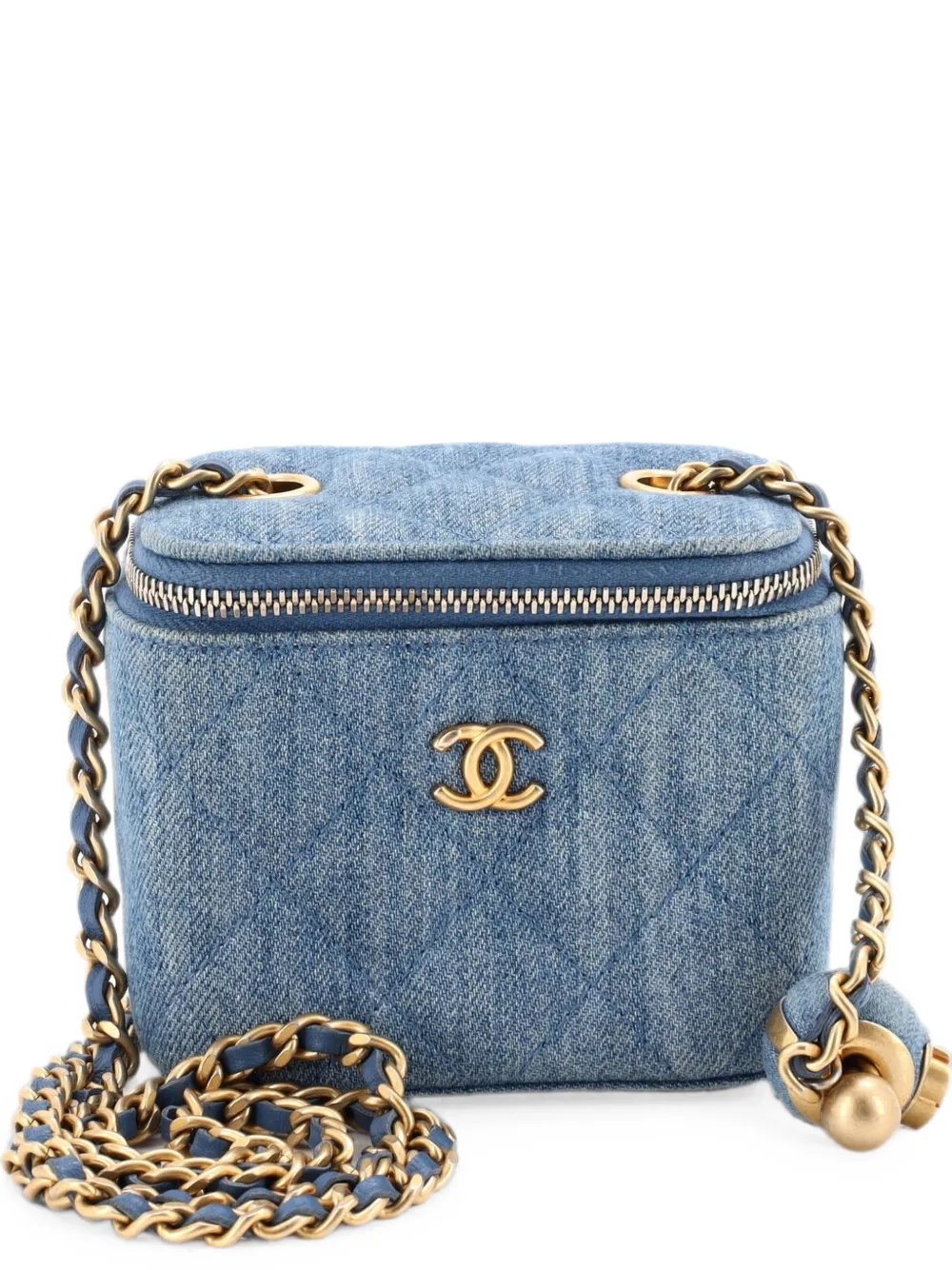 Pearl Crush Vanity Case with Chain Quilted Denim Mini clutch bag