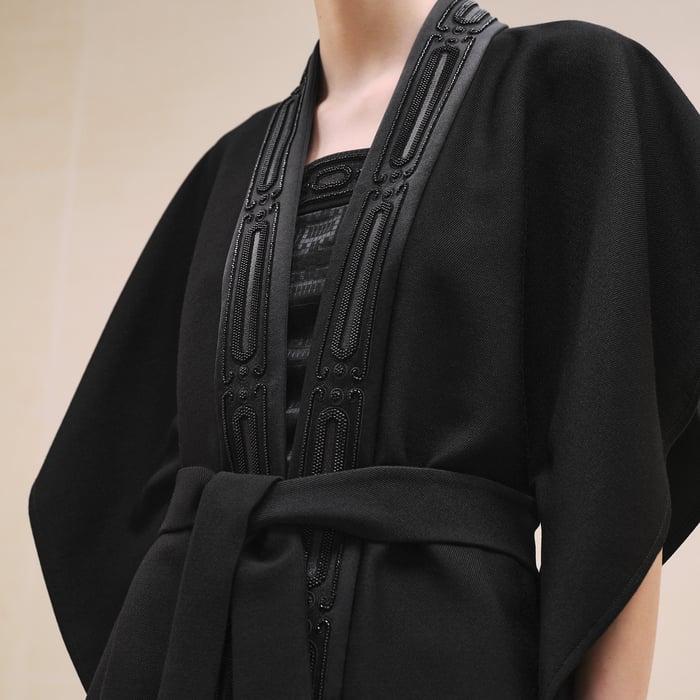 Noir Embroidered Long Poncho Vest
