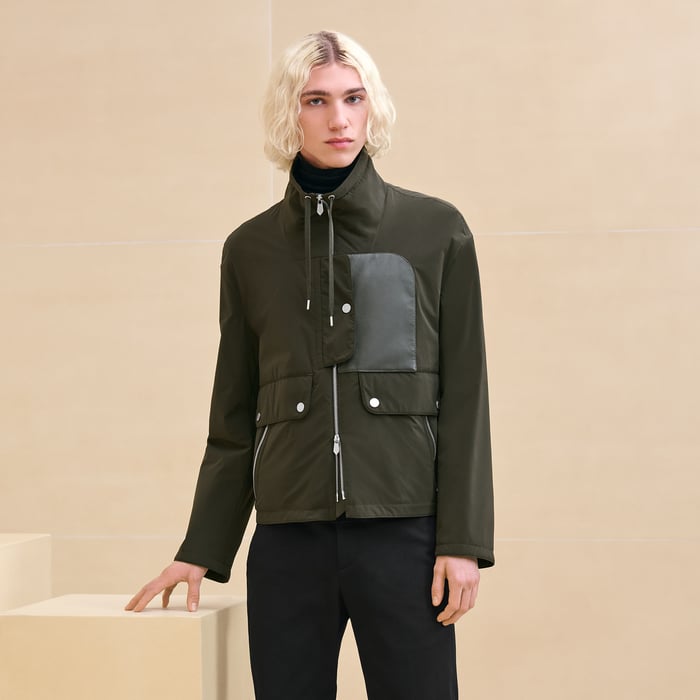 Kaki Straight Cut Jacket With Leather Detail