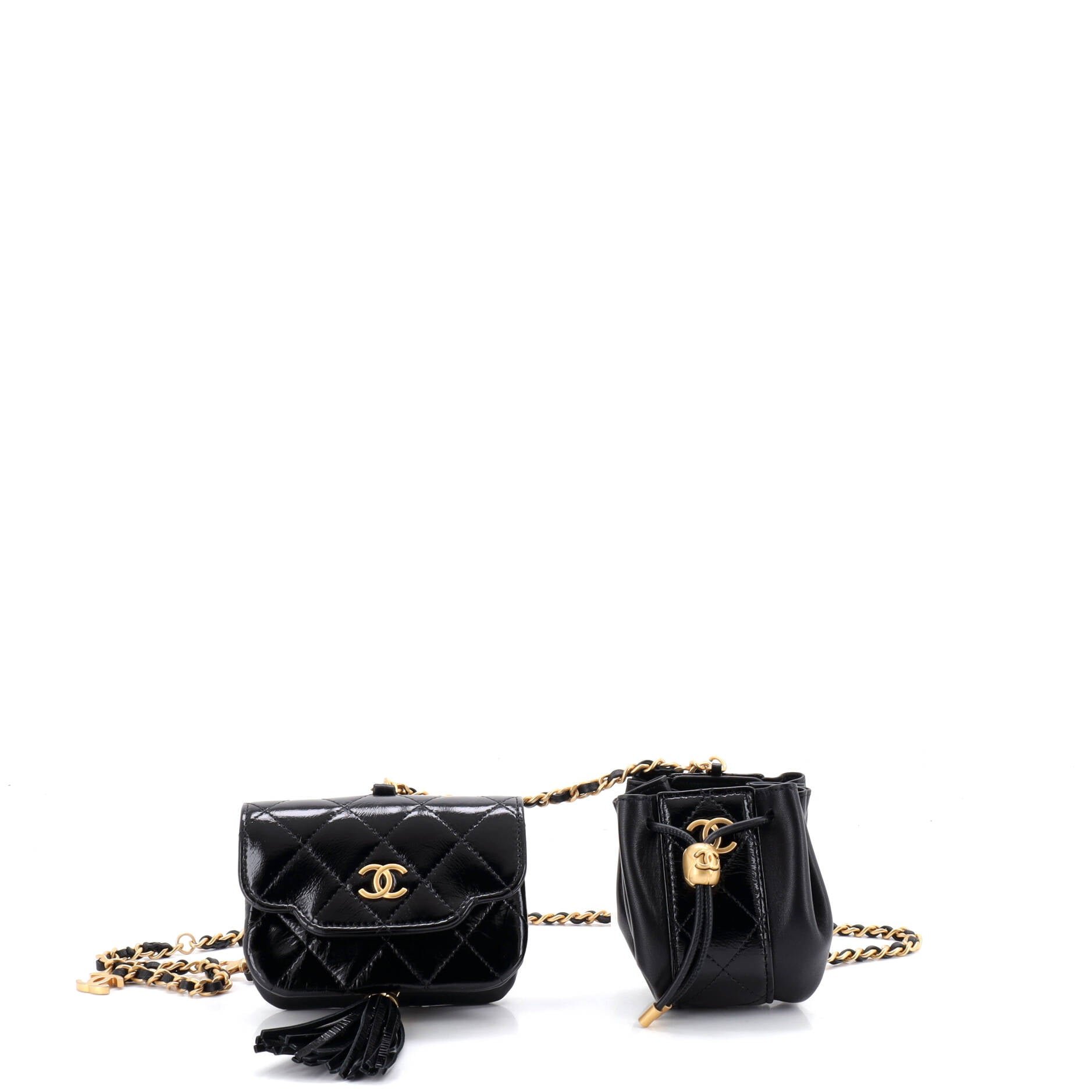 Double Pouch Chain Belt Bag Quilted Shiny Lambskin