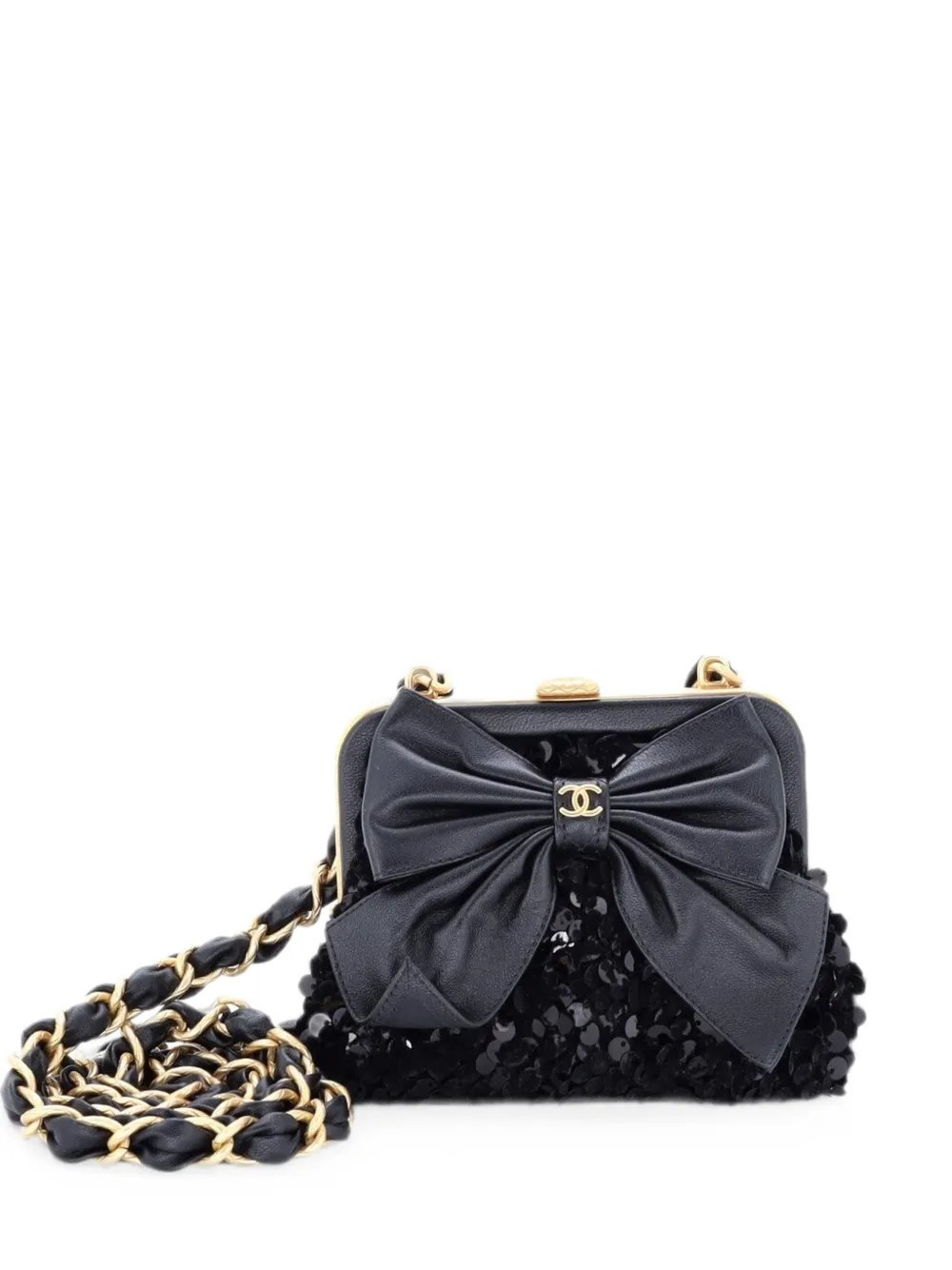 Bow Frame With Chain Sequin Embellished Tweed with Leather Mini clutch bag