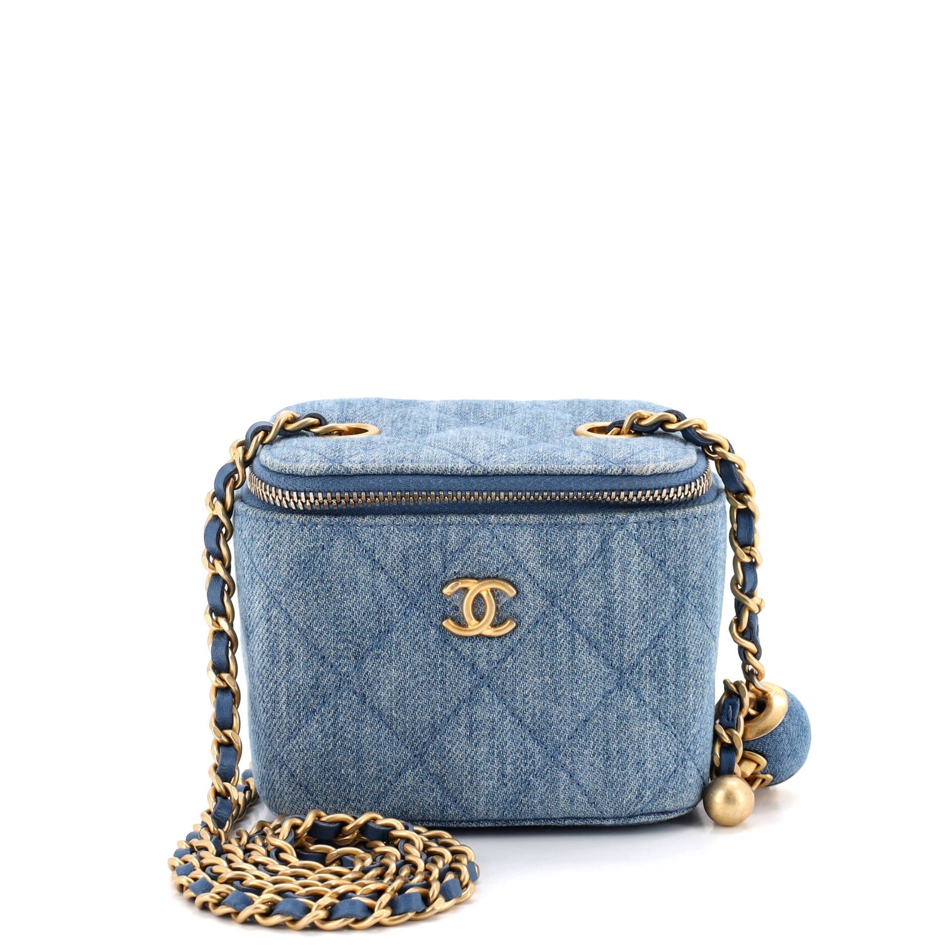 Pearl Crush Vanity Case with Chain Quilted Denim Mini