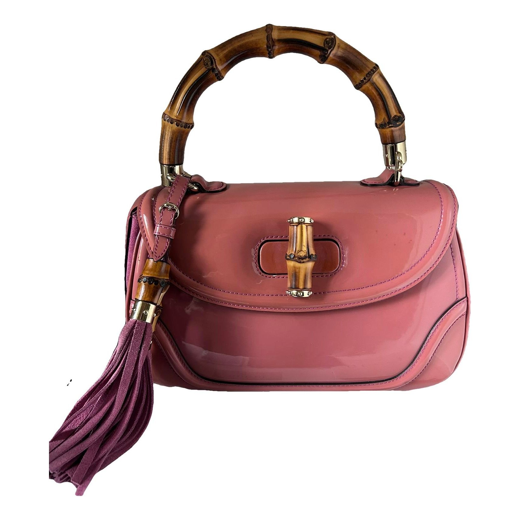 Convertible Pompon Bamboo Top Handle patent leather handbag