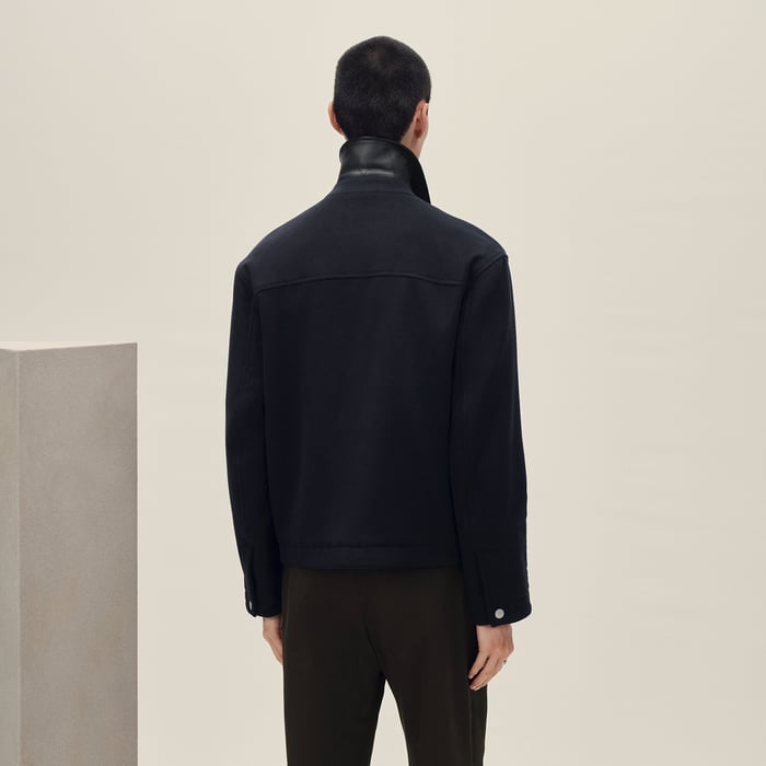 Marine Cashmere Zipped Straight Cut Jacket With Leather Details