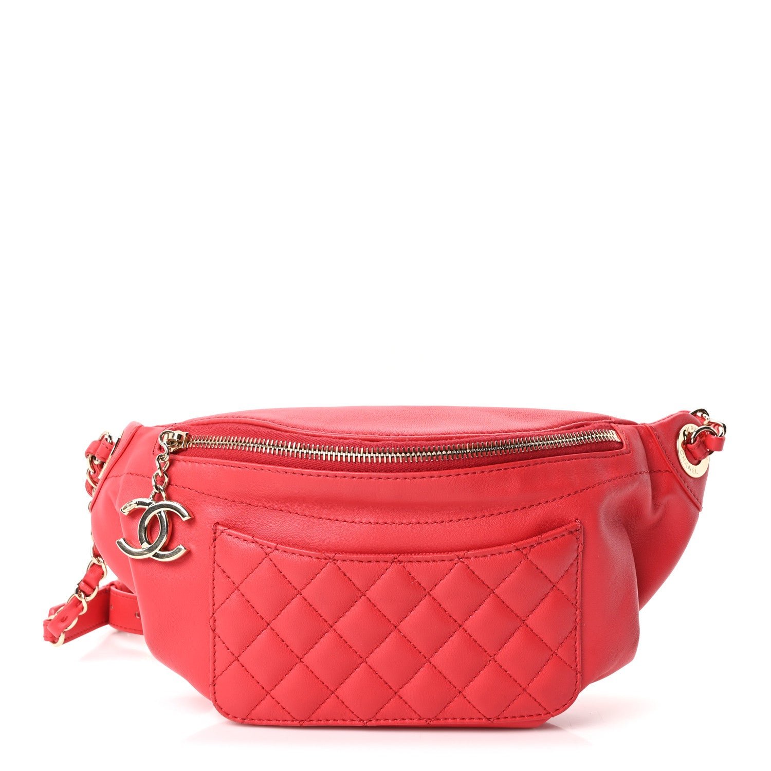 Chanel Lambskin Bi Quilted Waist Bag Fanny Pack Red