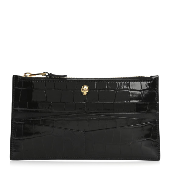 Alexander McQueen Calfskin Crocodile Embossed Skull Zip Wallet Card Holder Black