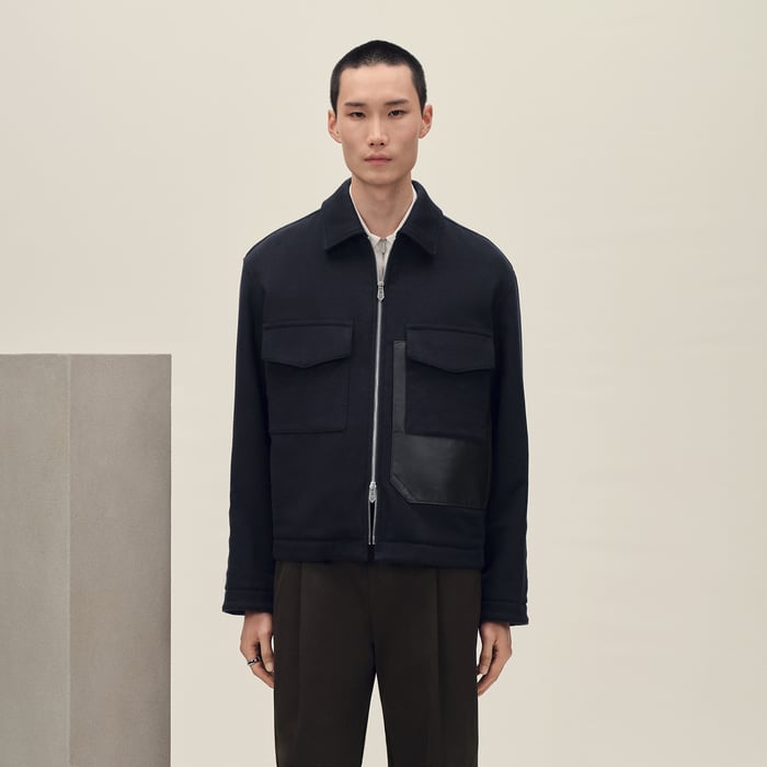Marine Cashmere Zipped Straight Cut Jacket With Leather Details