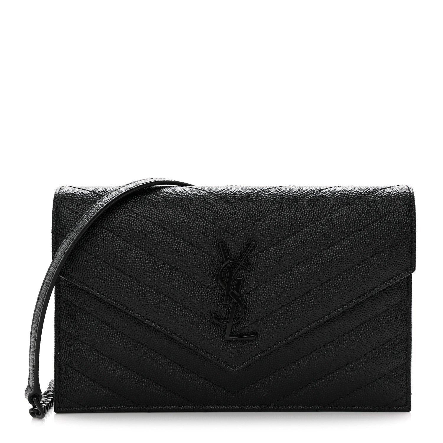 Saint Laurent Grain De Poudre Matelasse Chevron Monogram Monochrome Envelope Chain Wallet Black