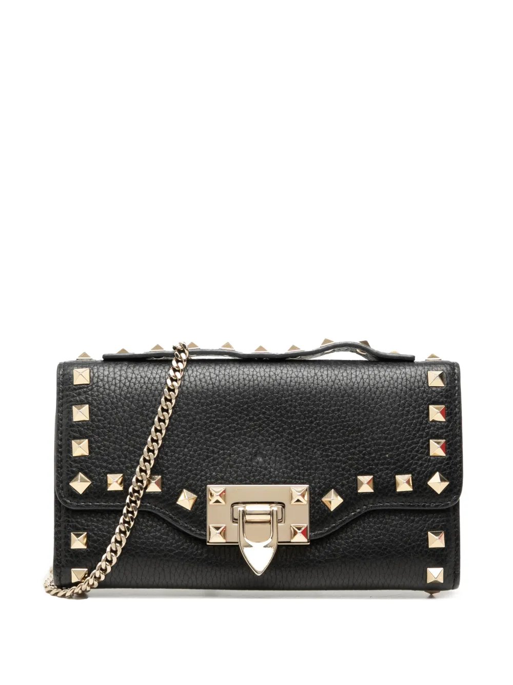 Valentino Garavani 2018-2026 Pebbled Calfskin Rockstud Flip Lock Wallet On Chain satchel