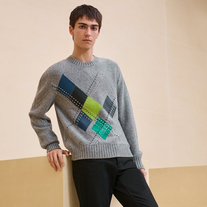 Acier Cashmere "Argyle Brode Cuir" Crewneck Sweater
