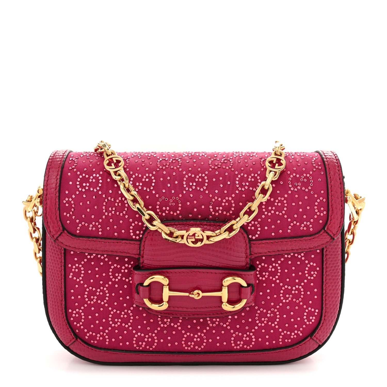 Gucci Canvas Calfskin Crystal GG Monogram Snakeskin Mini Horsebit 1955 Shoulder Bag Pink