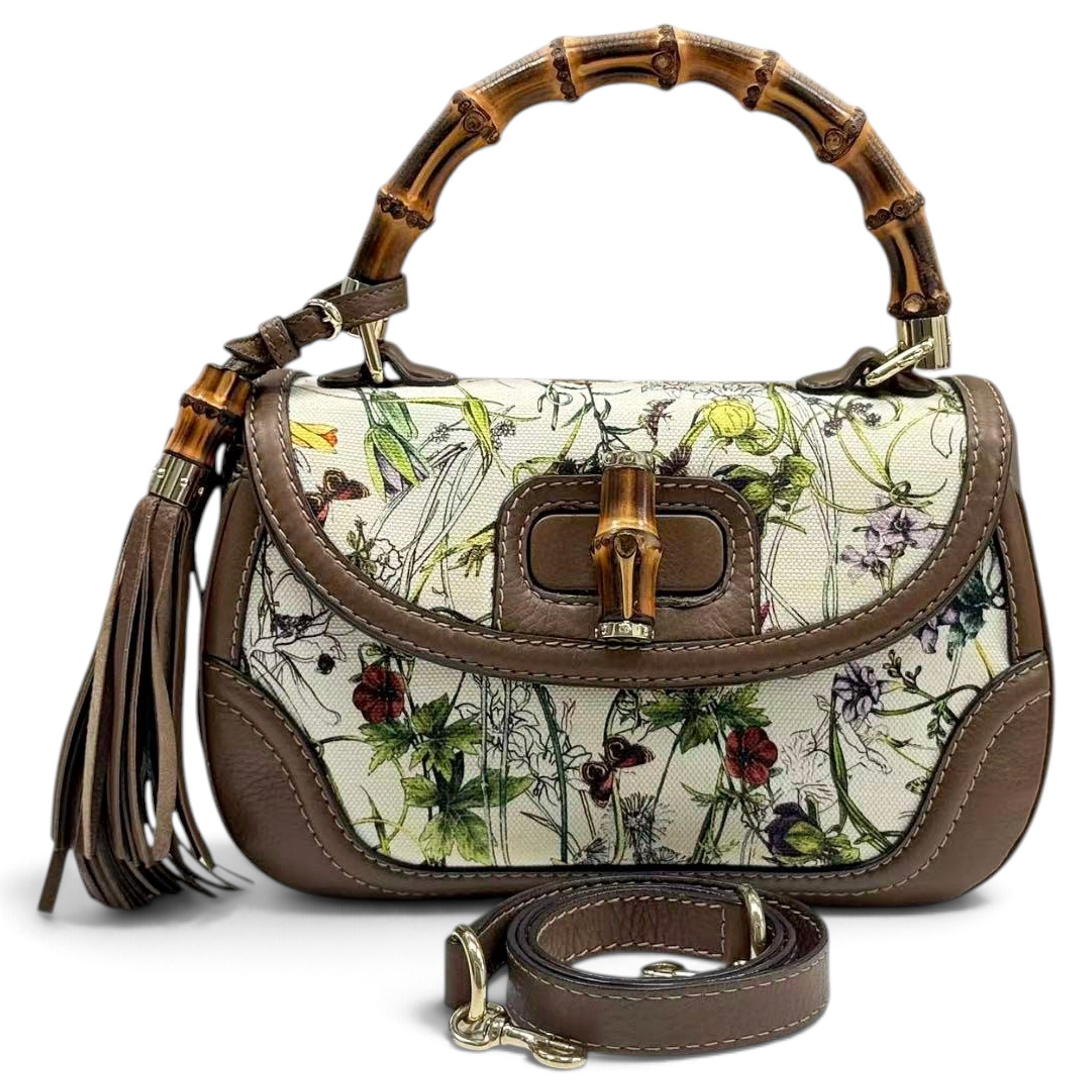 Convertible Pompon Bamboo Top Handle cloth handbag