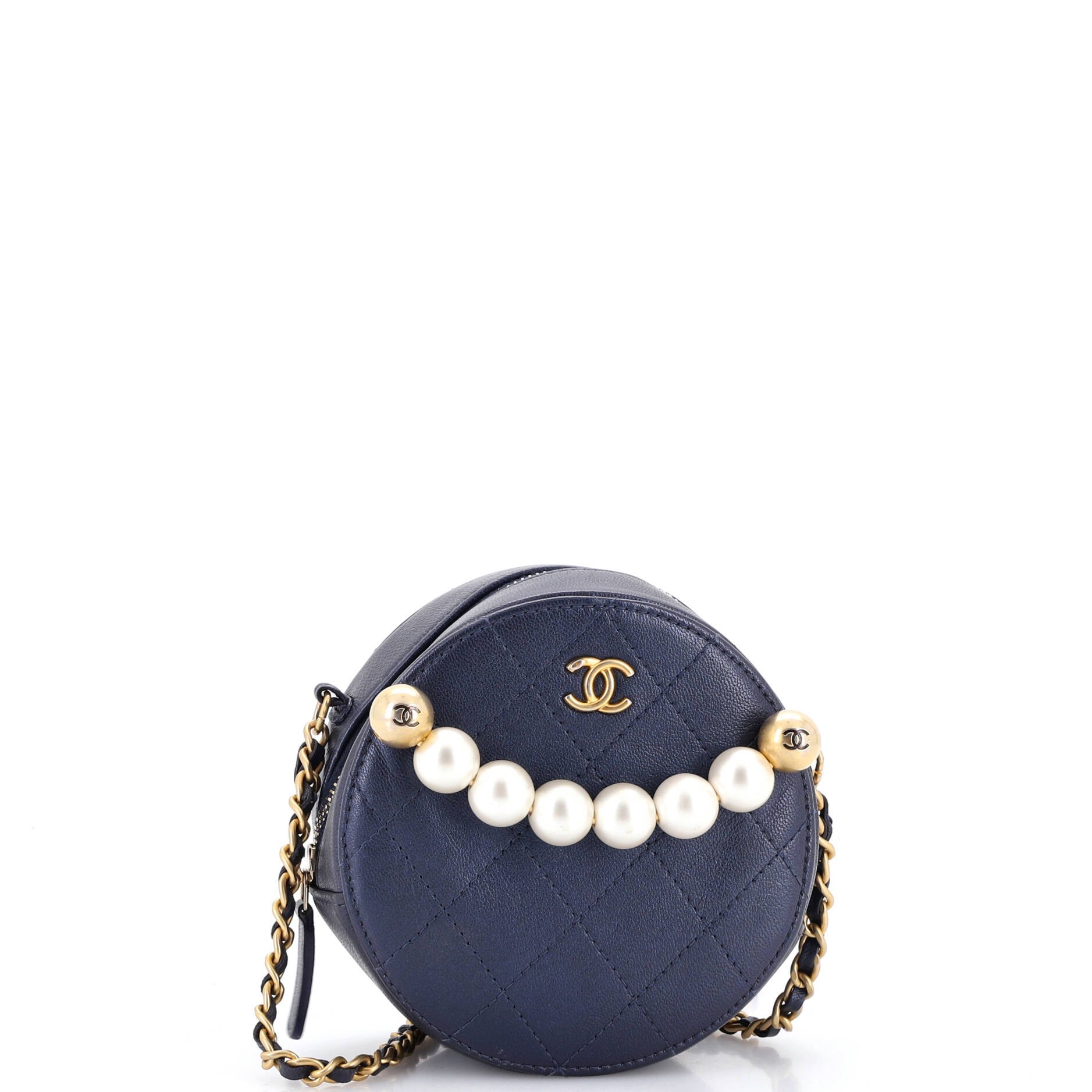 Chic Pearls Round Clutch with Chain Quilted Lambskin