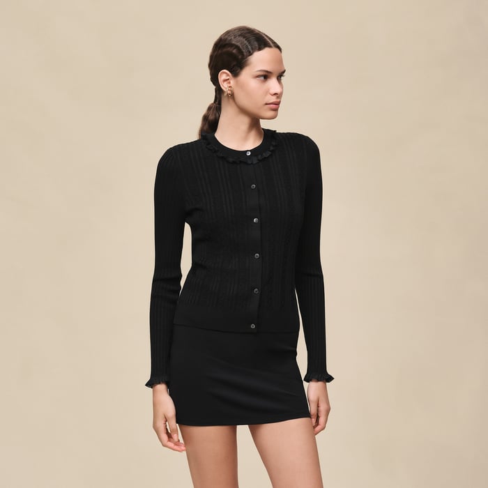 Noir Long-sleeve Cardigan With Ruffled Details