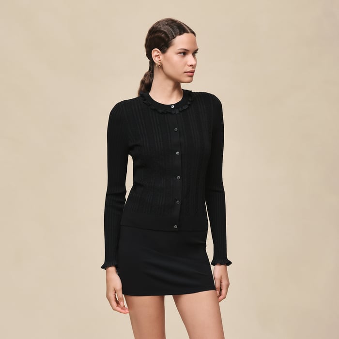 Noir Long-sleeve Cardigan With Ruffled Details