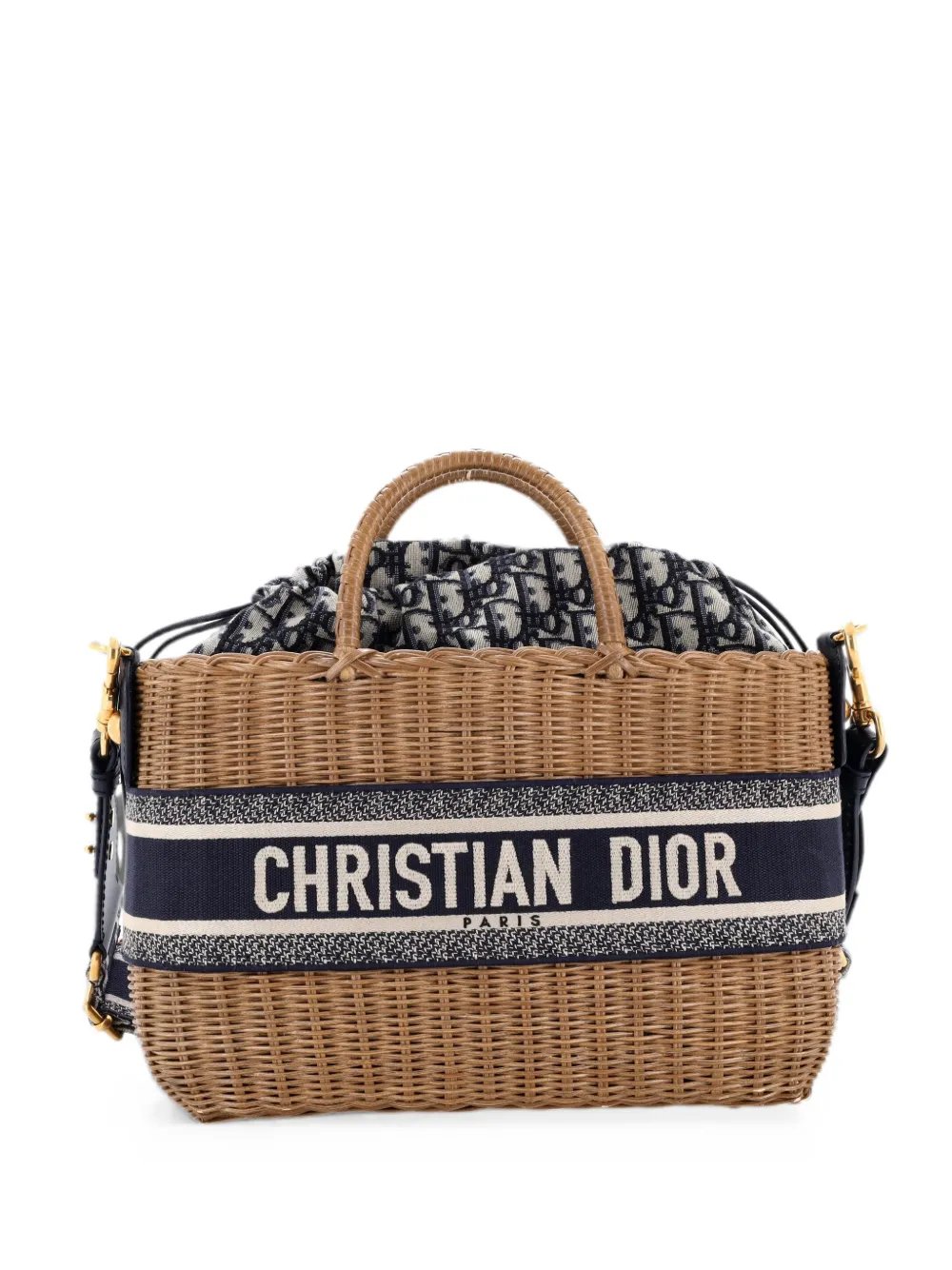 Basket Bag Wicker and Oblique Canvas Large tote bag