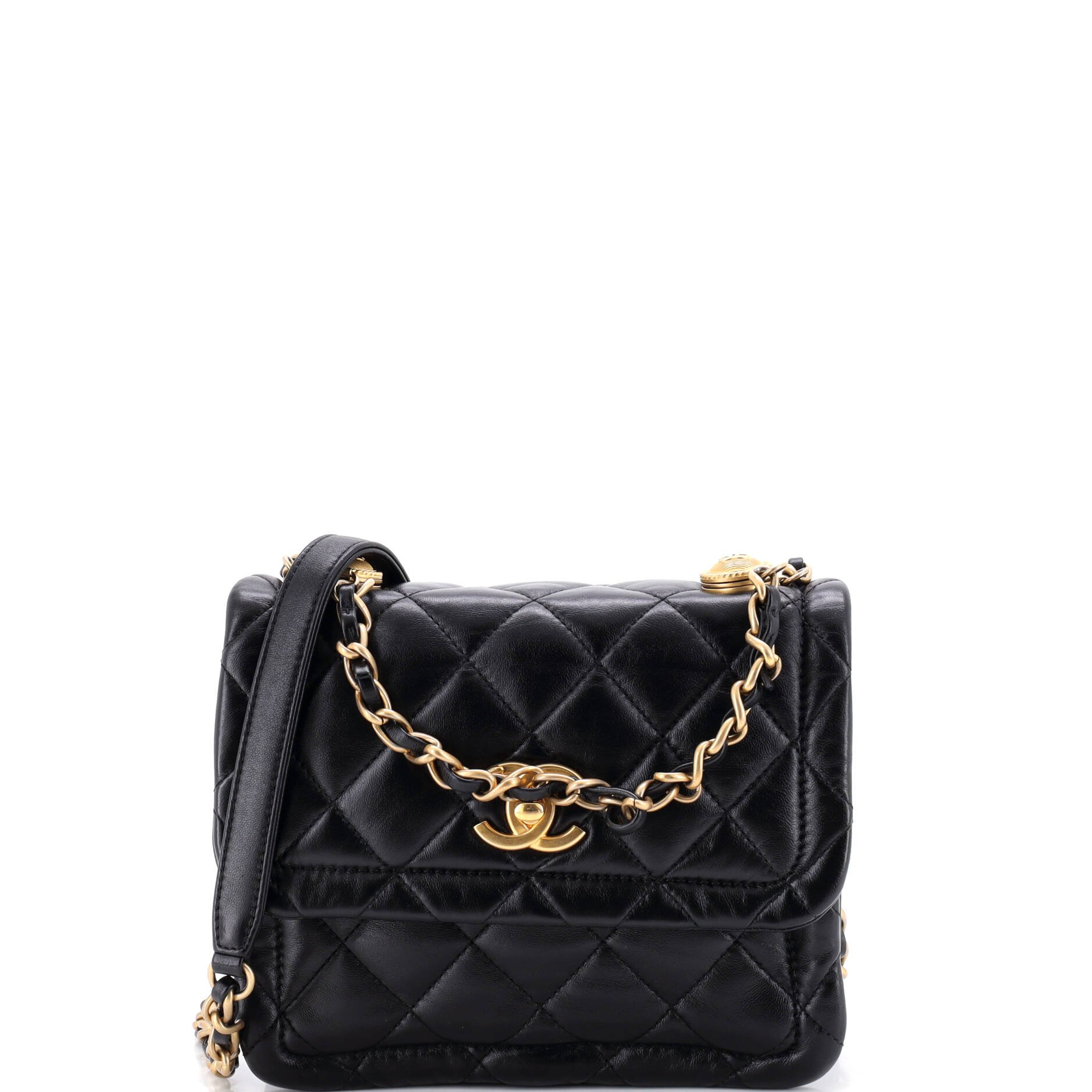 Button on Top Flap Bag Quilted Shiny Lambskin Small