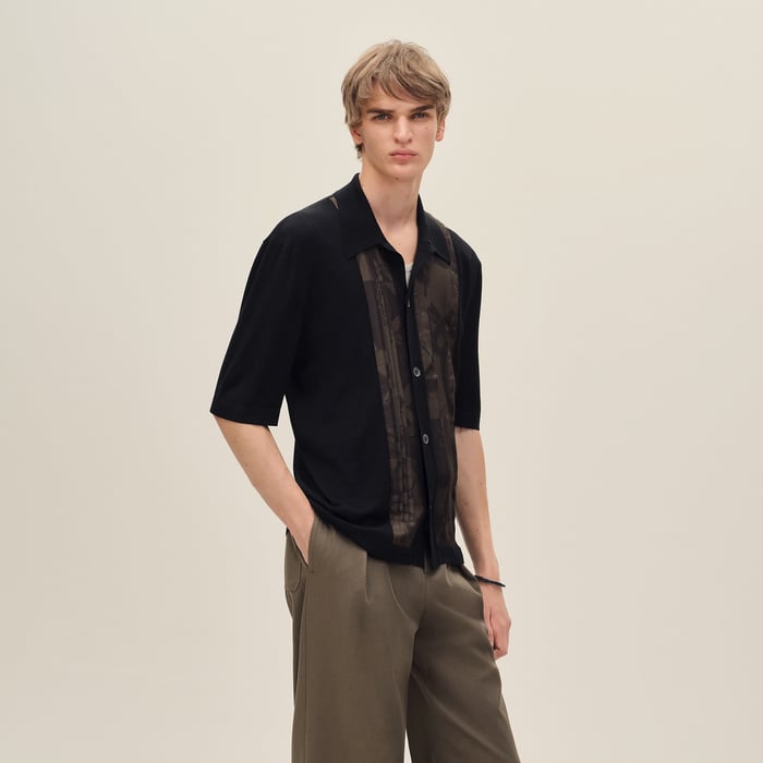 Noir "Eperon d'Or Soie Plissee" Short-sleeve Straight Cut Shirt
