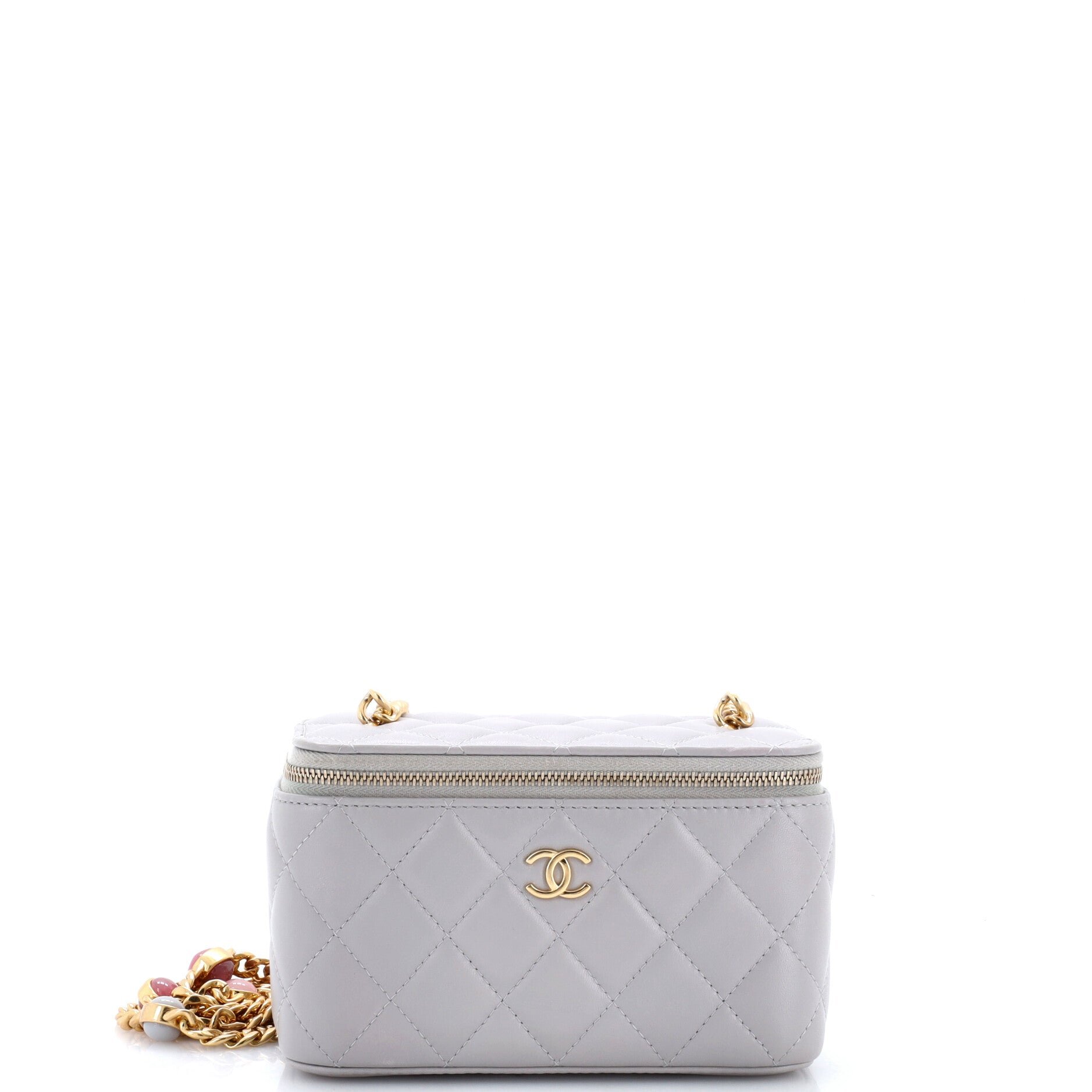 Classic Vanity Case with Resin Pearl Chain Quilted Lambskin Small