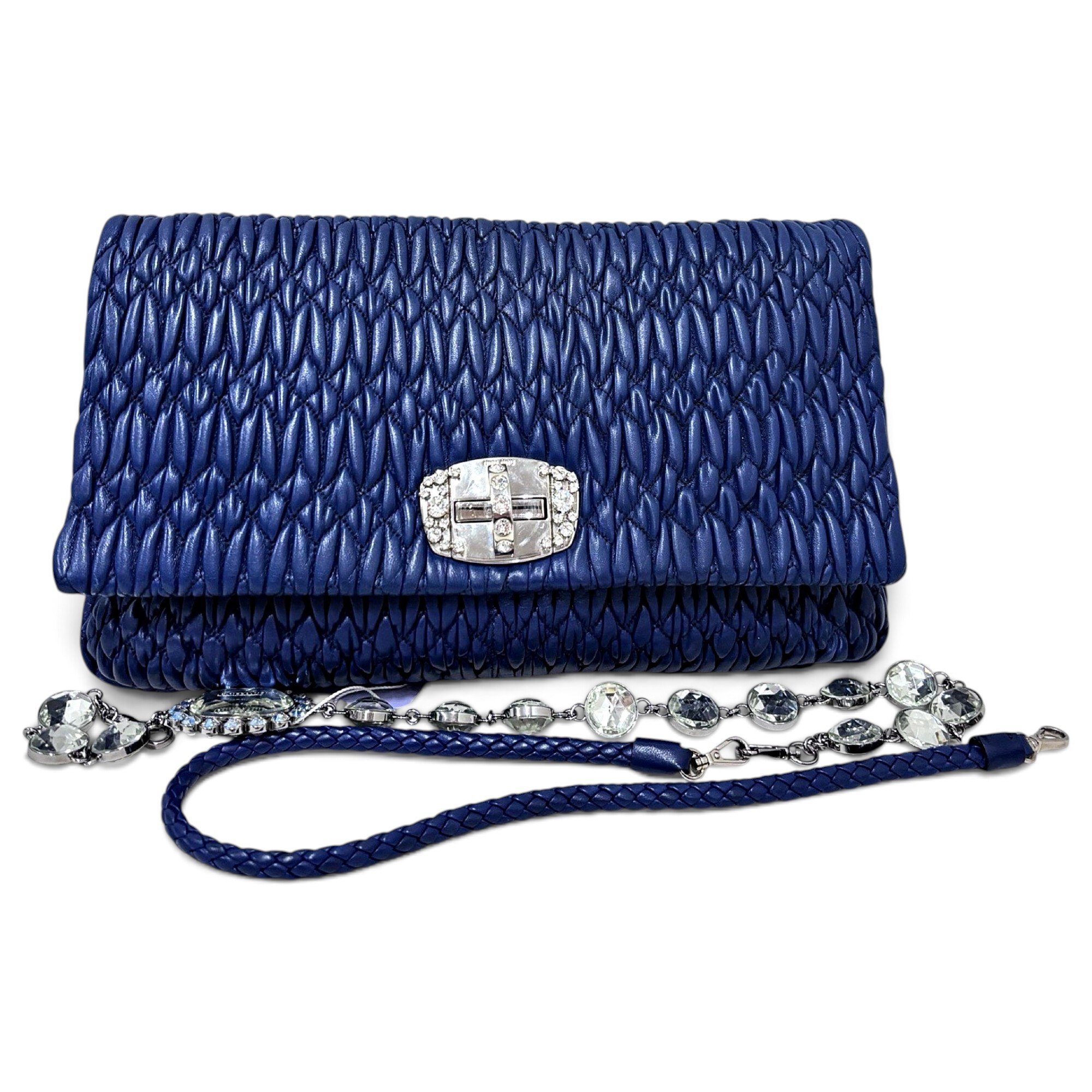 Miu Crystal leather clutch bag
