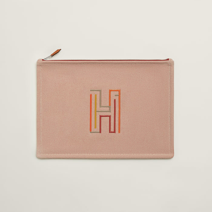 Hermès フラットポーチ 刺繍入り 《Hラビリンス》 GM テラコッタ