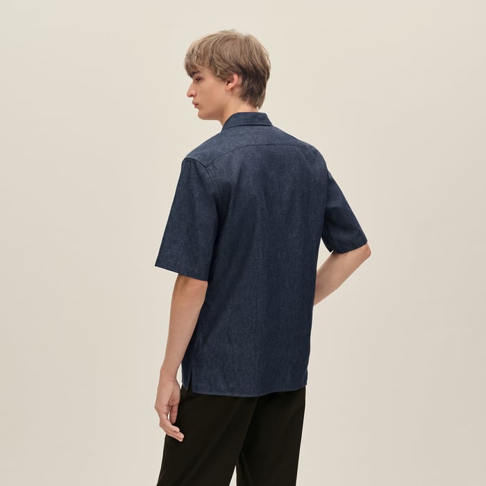 Indigo Short-sleeve Straight Cut Shirt With Notched Collar