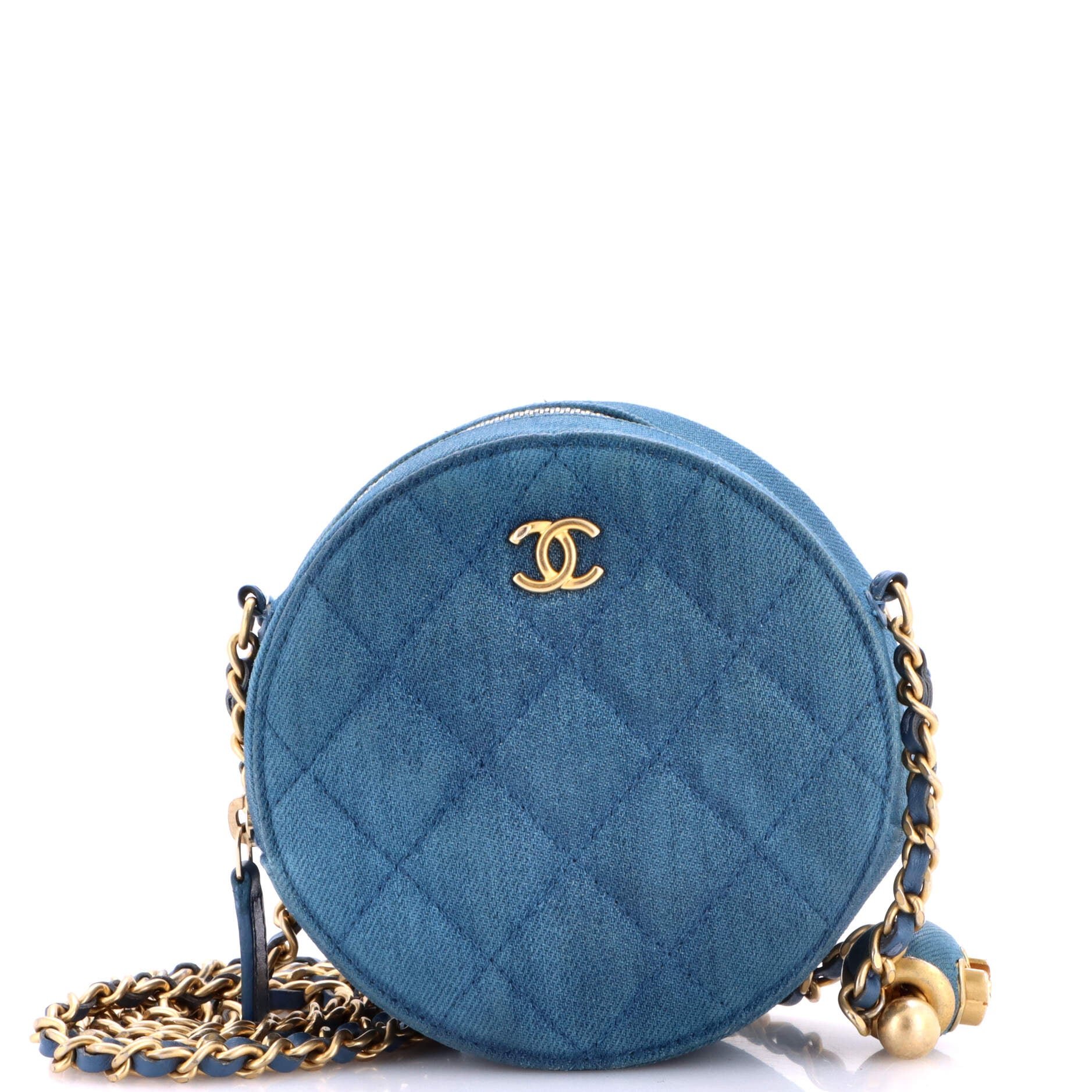 Pearl Crush Round Clutch with Chain Quilted Denim