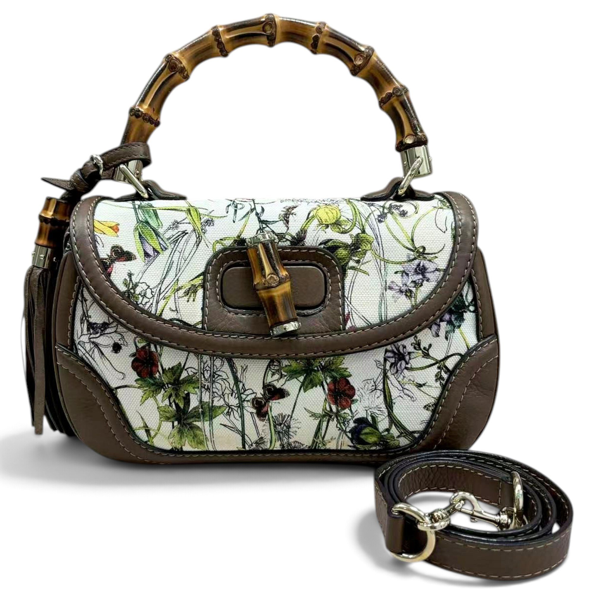 Convertible Pompon Bamboo Top Handle cloth handbag