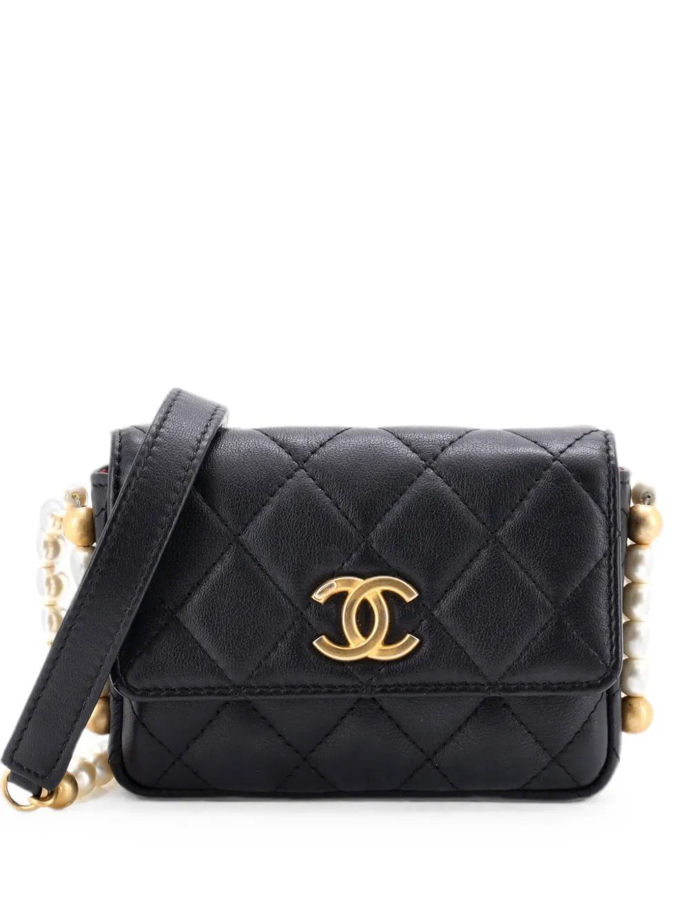 About Pearls Flap Card Holder with Chain Quilted Calfskin crossbody bag