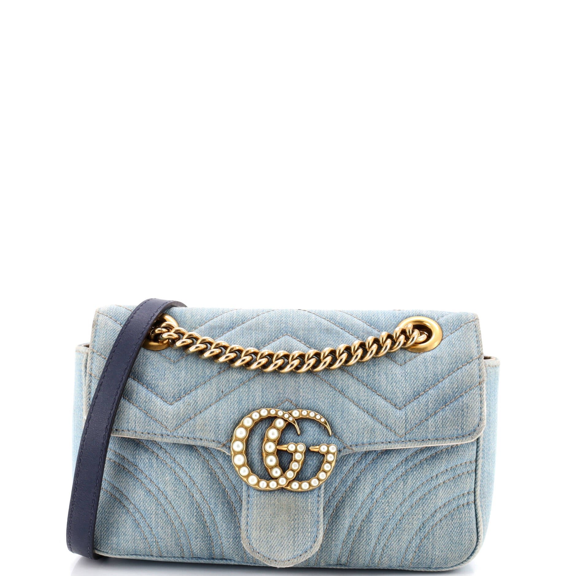 Pearly GG Marmont Flap Bag Matelasse Denim Small