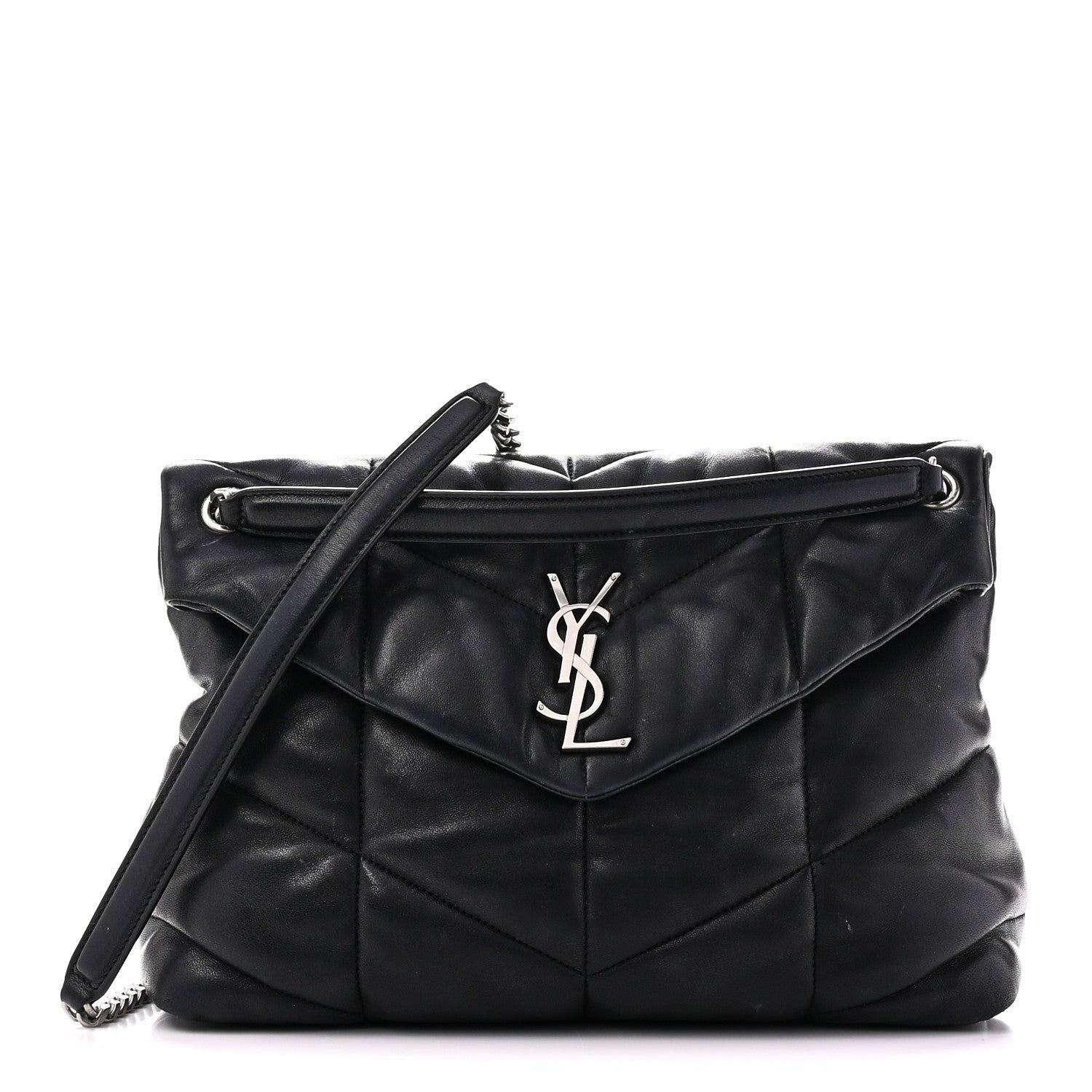Saint Laurent Lambskin Quilted Medium Loulou Puffer Monogram Chain Satchel Black