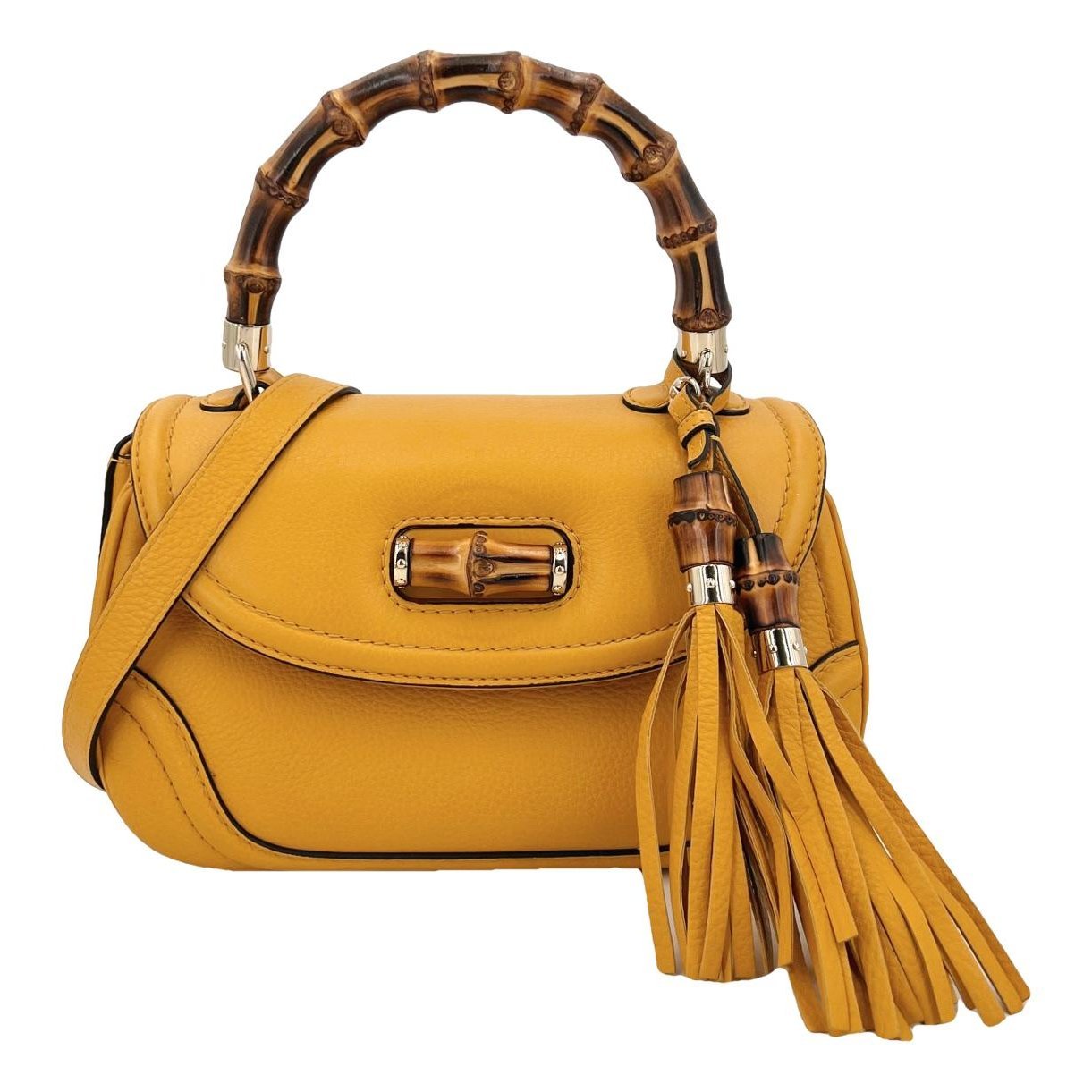 Convertible Pompon Bamboo Top Handle leather handbag