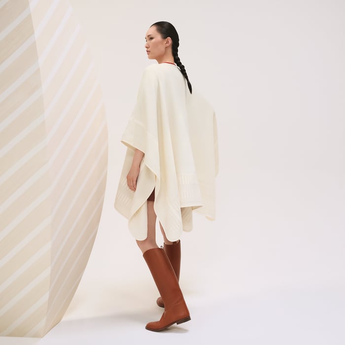Blanc Naturel Embroidered Cashmere Cape With Leather Detail