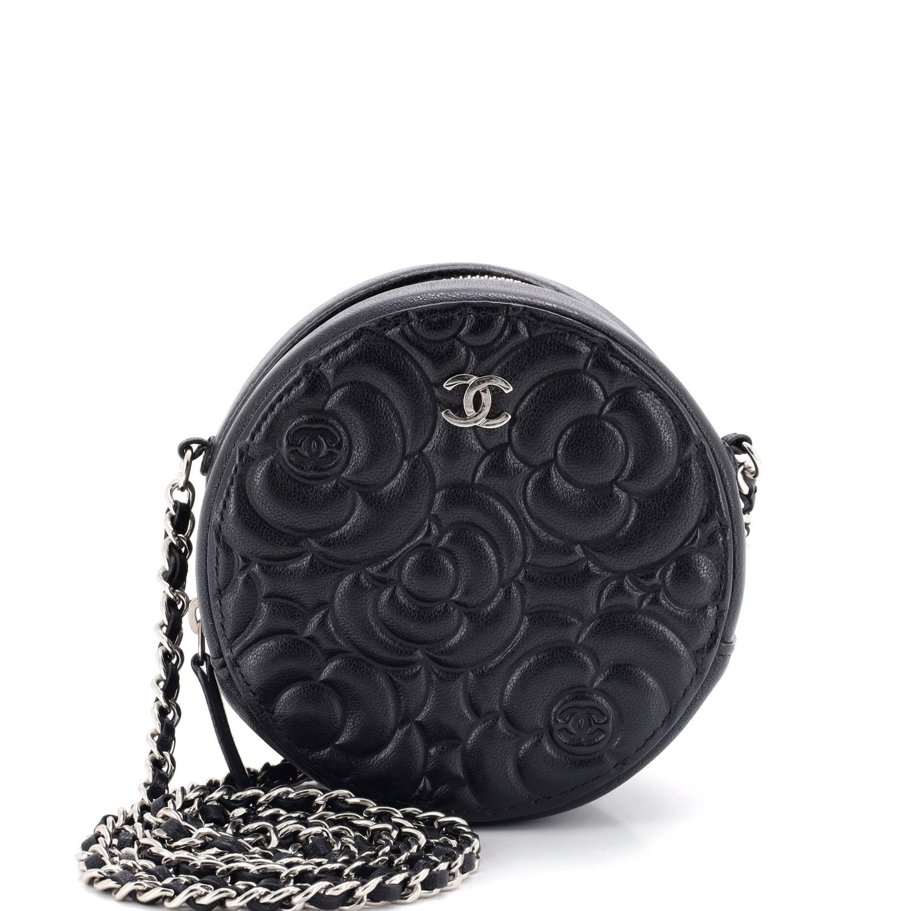 Round Clutch with Chain Camellia Goatskin Mini